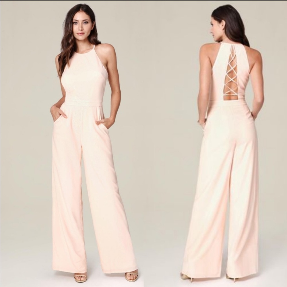 Bebe Cross back wide leg jumpsuit in peach